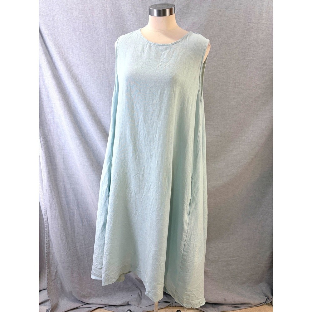 MagicLinen Royal Toscana Light Blue Linen High Low Midi Dress Pockets XL